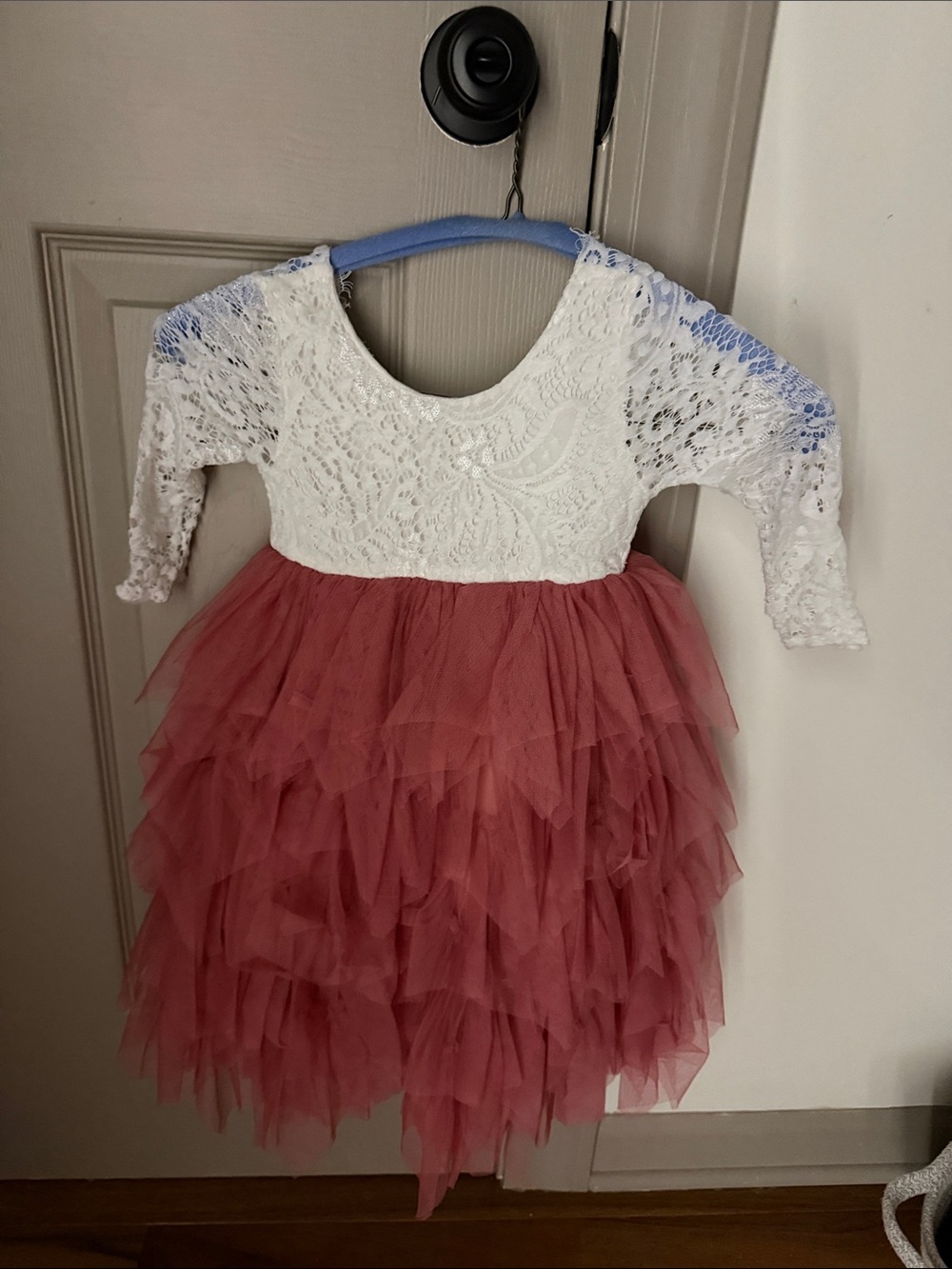 Kids Lace Top Tulle Party Dress - White & Dusty Rose